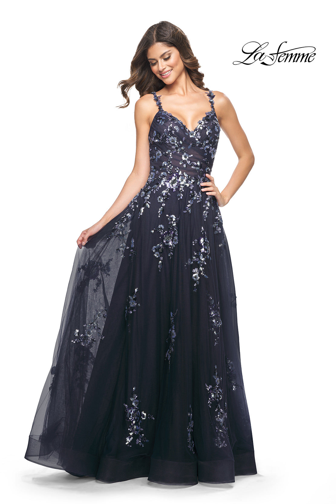 Picture of: A-Line Tulle and Floral Sequin Gown with High Slit in Navy, Style: 31936, Detail Picture 3