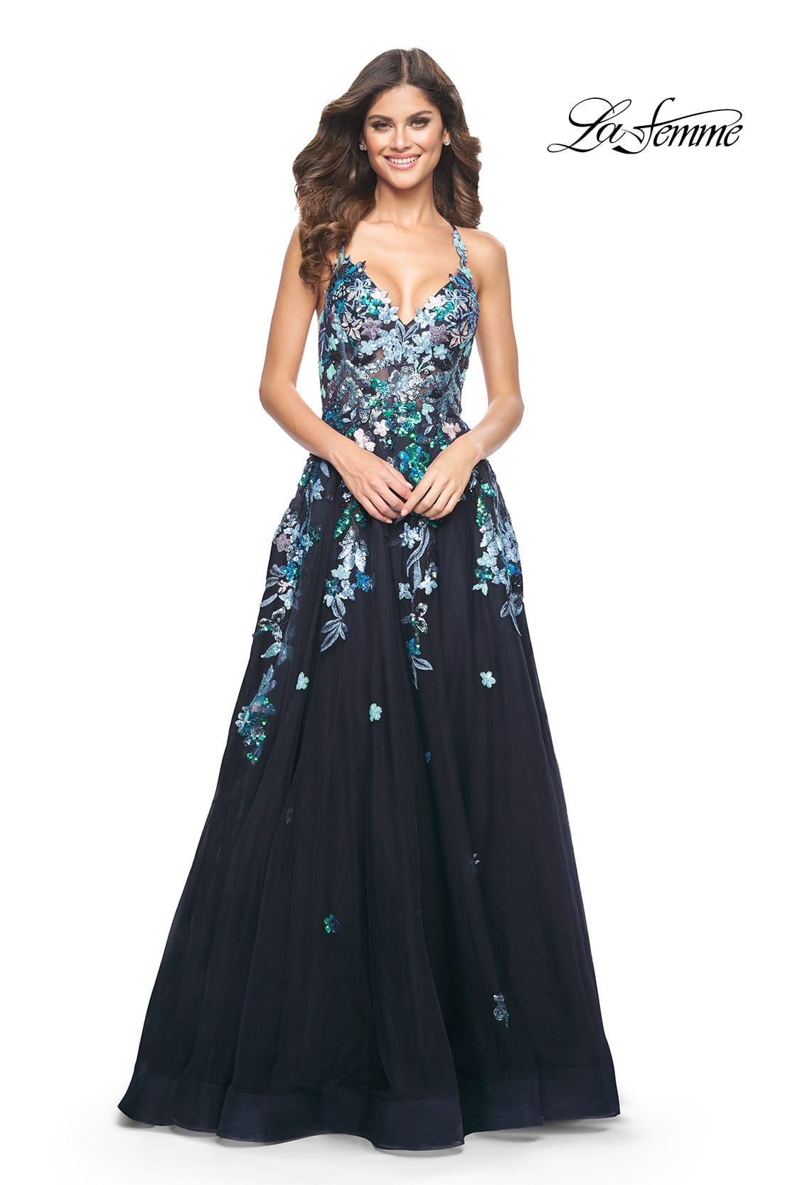 Picture of: Gorgeous Sequin Floral Lace Applique A-Line Tulle Prom Dress in Navy, Style: 32023, Detail Picture 3