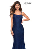 Picture of: Stretch Lace Gown with Square Neckline and Open Back in Navy, Style: 27565, Detail Picture 4