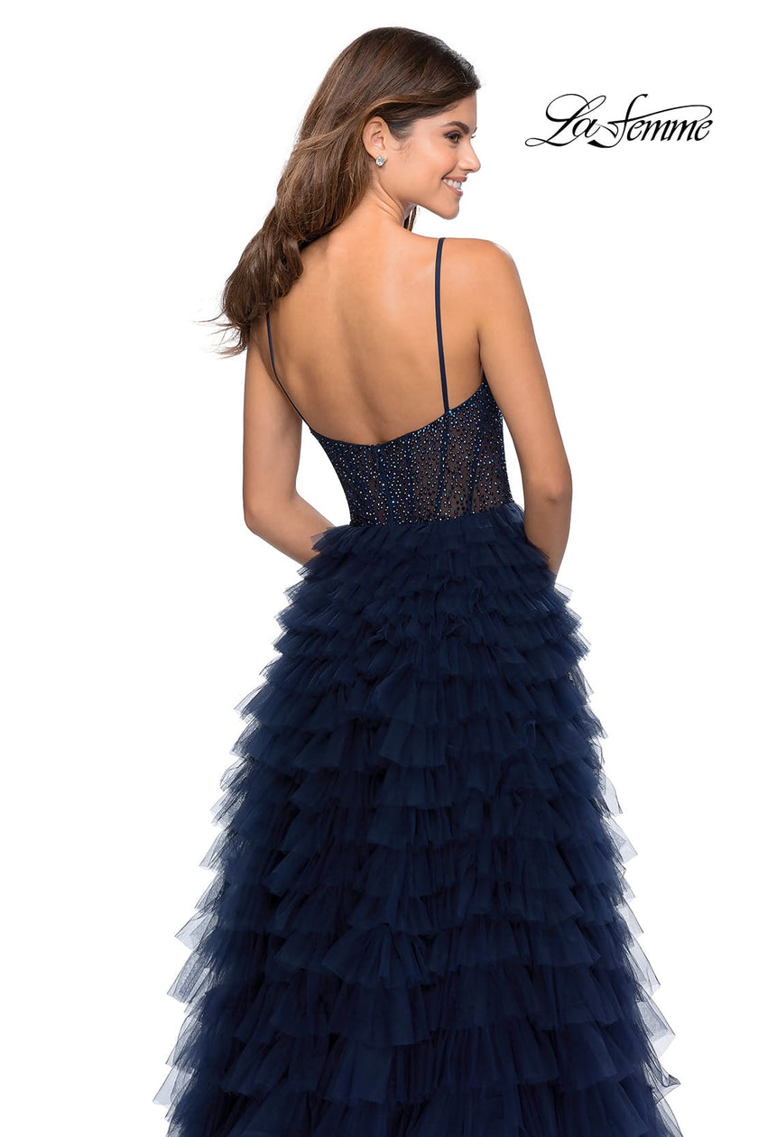 Picture of: Layered Tulle Prom Dress with Sheer Rhinestone Top in Navy, Style: 28788, Detail Picture 4