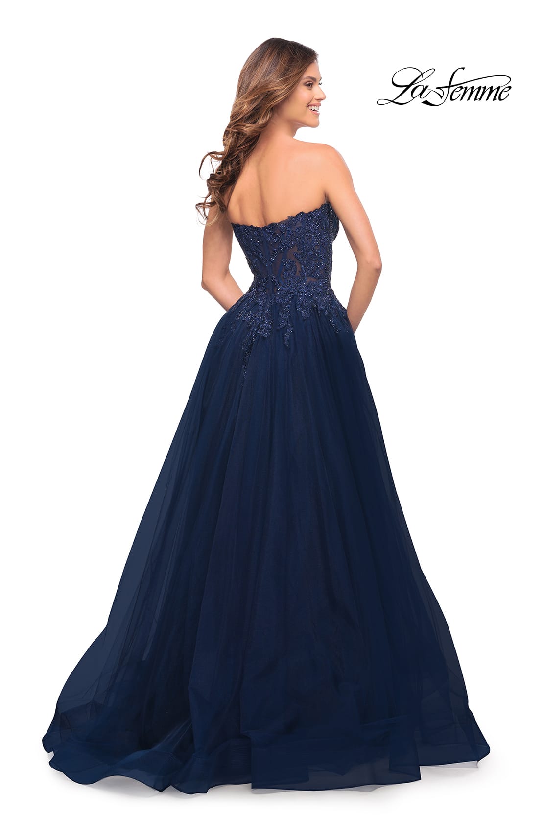 Picture of: Tulle and Lace Ballgown with High Slit and Pockets in Navy, Style: 30592, Detail Picture 4