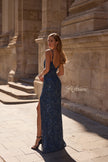 Picture of: Beautifully Beaded Long Evening Dress with V Neckline in Navy , Style 32928, Detail Picture 4