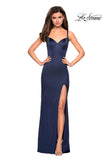 Picture of: Sultry Form Fitting Stretch Satin Dress with Leg Slit in Navy, Style: 27617, Detail Picture 5