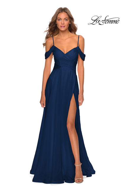 Picture of: Off the Shoulder Chiffon Dress with Scoop Back in Navy, Style: 28942, Detail Picture 5