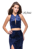 Picture of: Long Velvet Prom Dress with Crop Top and Leg Slit in Navy, Style: 25500, Detail Picture 6