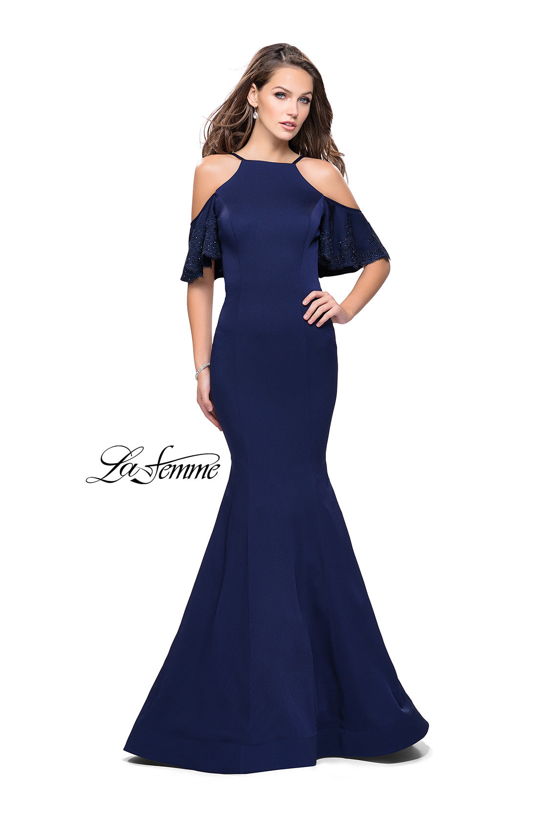 Picture of: Form Fitting Satin Mermaid Dress with Shoulder Cutouts in Navy, Style: 26145, Detail Picture 6