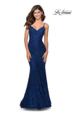 Picture of: Long Mermaid Lace Prom Dress with V Shaped Neckline in Navy, Style: 28504, Detail Picture 6