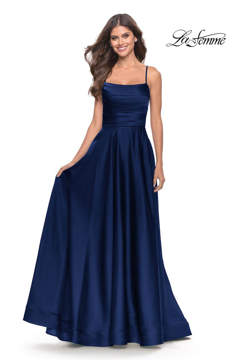 Picture of: A Line Satin Gown with Ruching and Square Neckline in Navy, Style: 31105, Detail Picture 6
