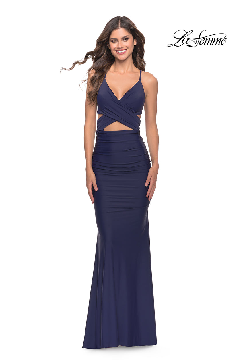 Picture of: Cut Out Long Soft Jersey Dress with Criss Cross Bodice in Navy, Style: 31360, Detail Picture 6