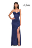 Picture of: Fitted Simple Satin Prom Dress with Lace Up Back in Navy , Style 33010, Detail Picture 6