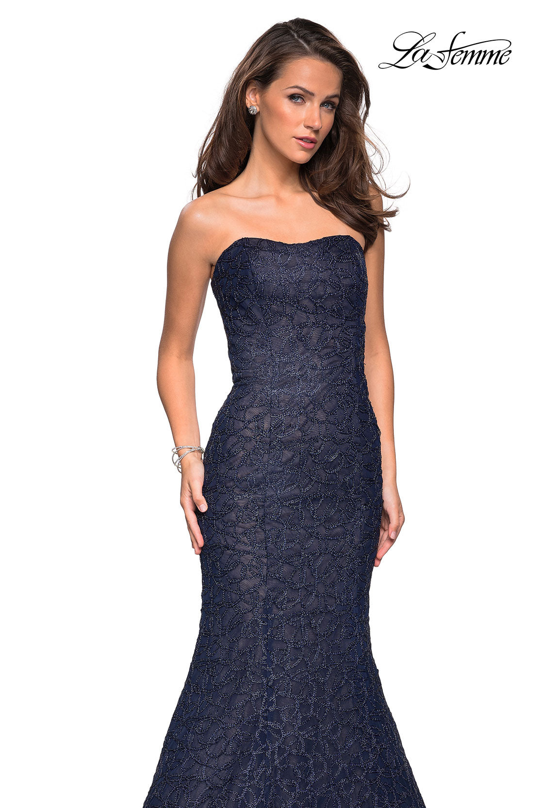 Picture of: Long Mermaid Metallic Lace Strapless Prom Dress in Navy, Style: 27267, Detail Picture 7