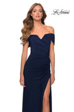Picture of: Off the Shoulder Fully Ruched Floor Length Gown in Navy, Style: 28389, Detail Picture 7