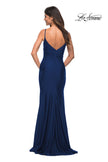 Picture of: Diagonal Ruched Jersey Gown with V Neckline in Navy, Detail Picture 7