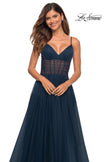 Picture of: Tulle A-line Prom Dress with Corset Sheer Bodice in Navy, Detail Picture 7