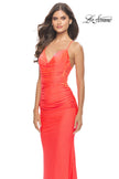 Picture of: Open Lace Up Back Long Gown with Lace Side Detail in Neon Coral, Style: 31365, Detail Picture 10