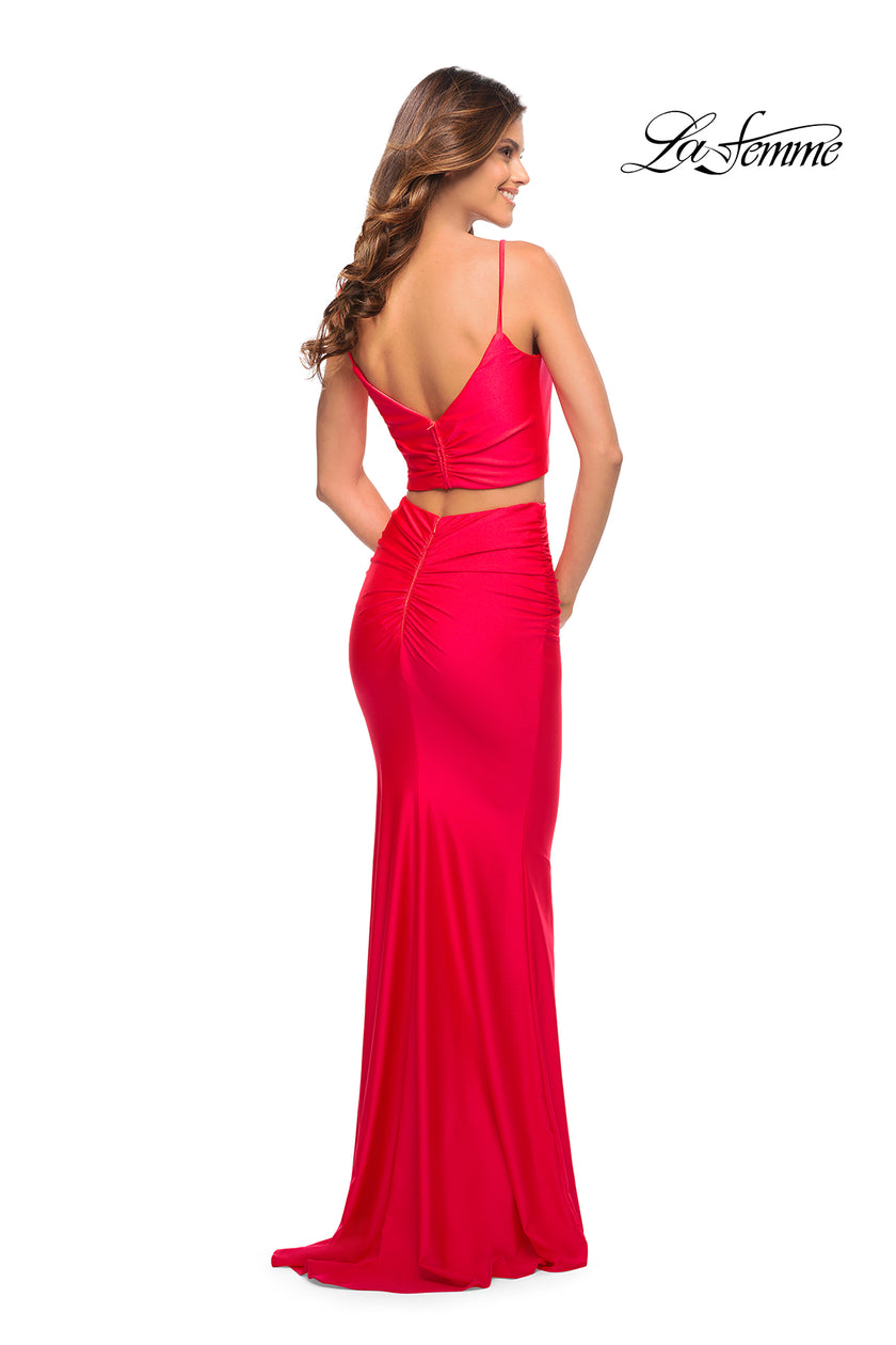 Picture of: Neon Two Piece Jersey Long Prom Dress in Neon Coral, Style: 30678, Detail Picture 2