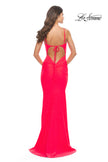 Picture of: Jeweled Modified Scoop Neck Jersey Dress with Open Back in Bright Colors in Neon Coral, Style: 31414, Detail Picture 4