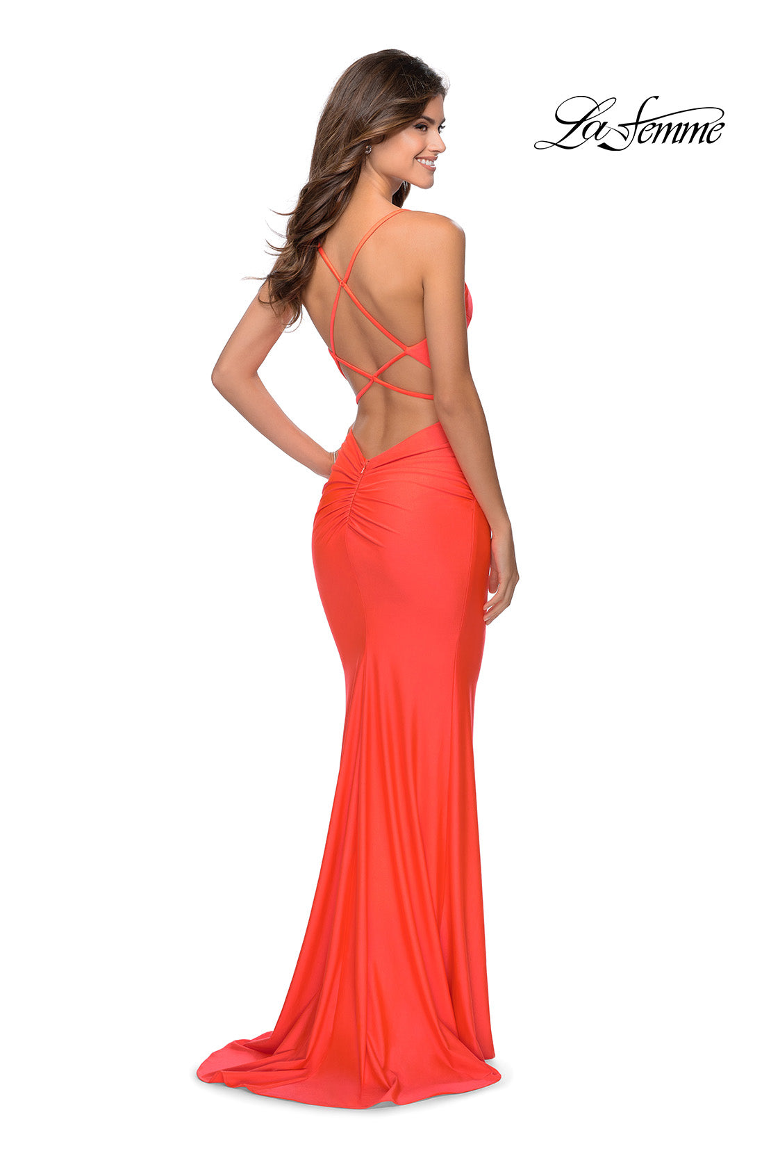 Picture of: Neon Prom Dress with Ruching and Strappy Back in Neon Coral, Style: 29020, Detail Picture 5