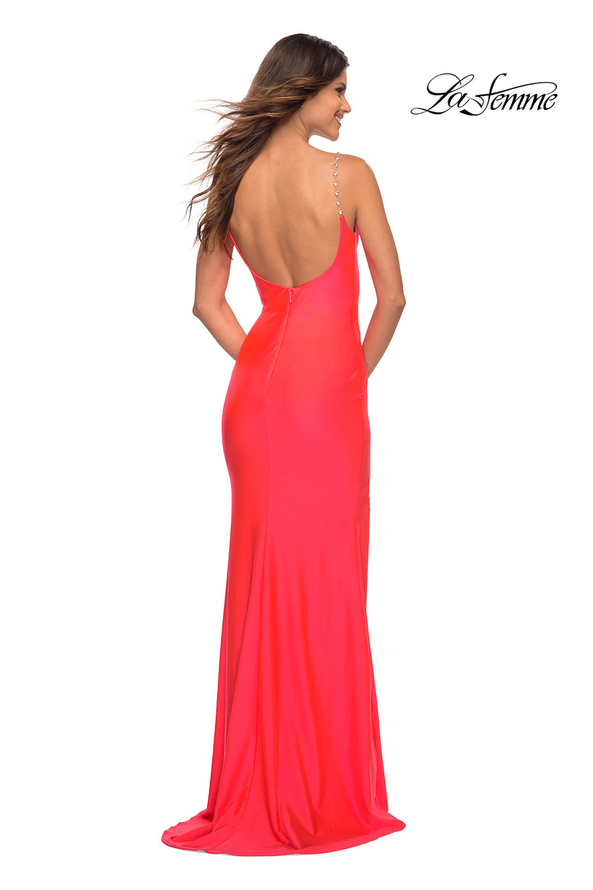 Picture of: Jeweled Rhinestone Strap Long Prom Dress in Neon in Neon Coral, Detail Picture 6