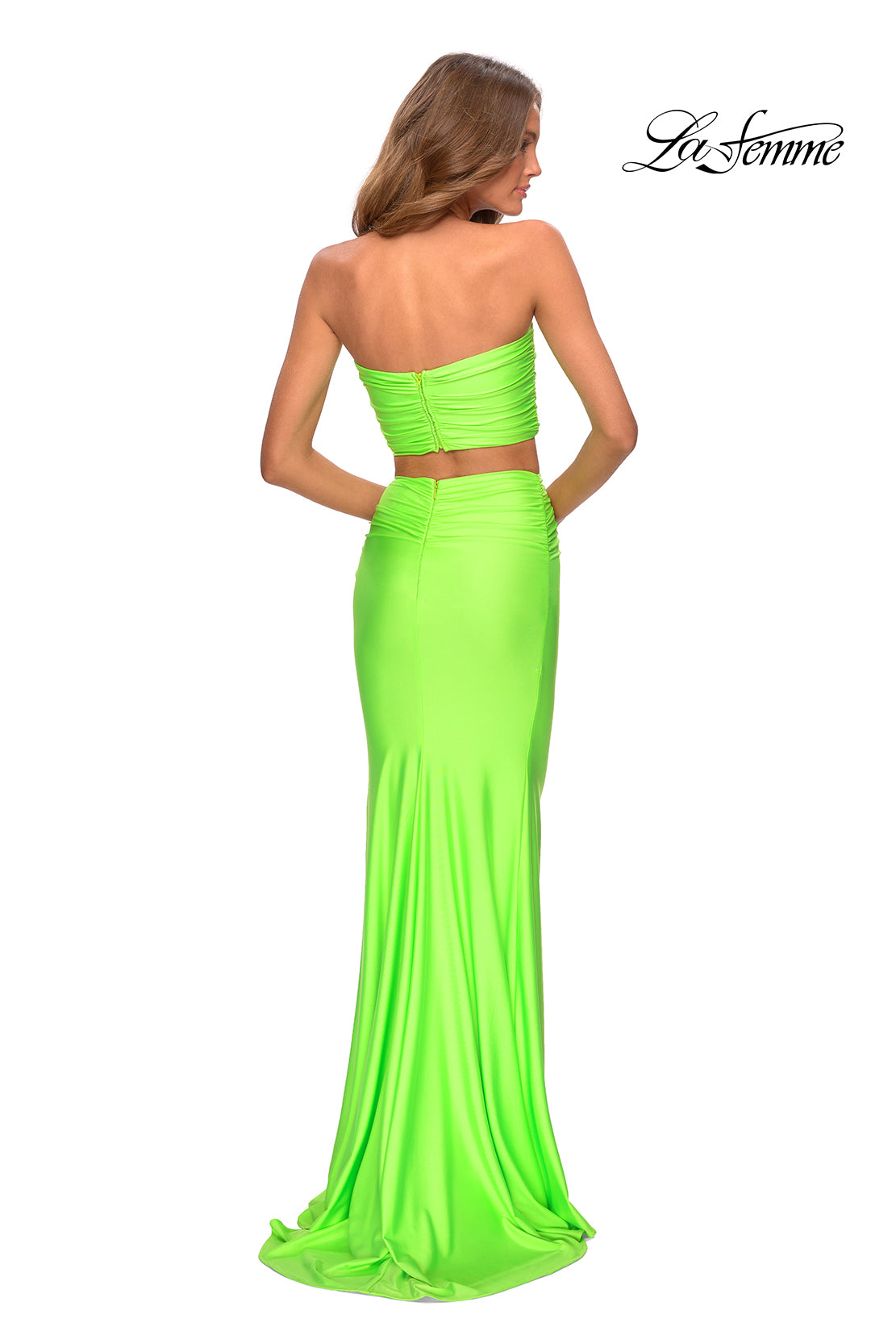 Picture of: Tube Top Two Piece Long Neon Prom Dress in Neon Green, Style: 28972, Detail Picture 7