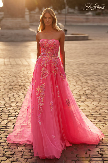 Picture of: Strapless Tulle A-Line Dress with Sequin Floral Applique in Neon Pink, Style: 32137, Main Picture