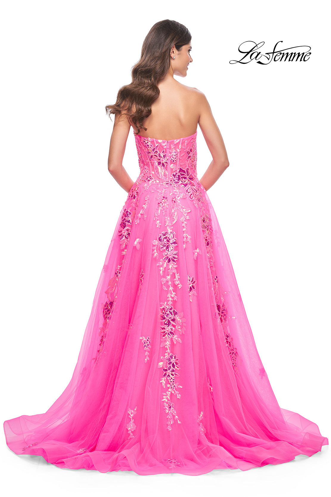 Picture of: Strapless Tulle A-Line Dress with Sequin Floral Applique in Neon Pink, Style: 32137, Detail Picture 8
