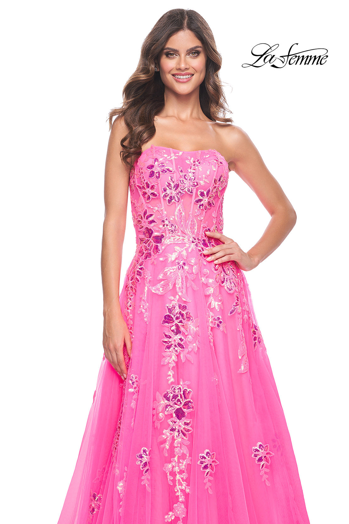 Picture of: Strapless Tulle A-Line Dress with Sequin Floral Applique in Neon Pink, Style: 32137, Detail Picture 9