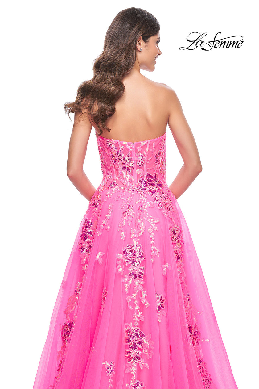 Picture of: Strapless Tulle A-Line Dress with Sequin Floral Applique in Neon Pink, Style: 32137, Detail Picture 10