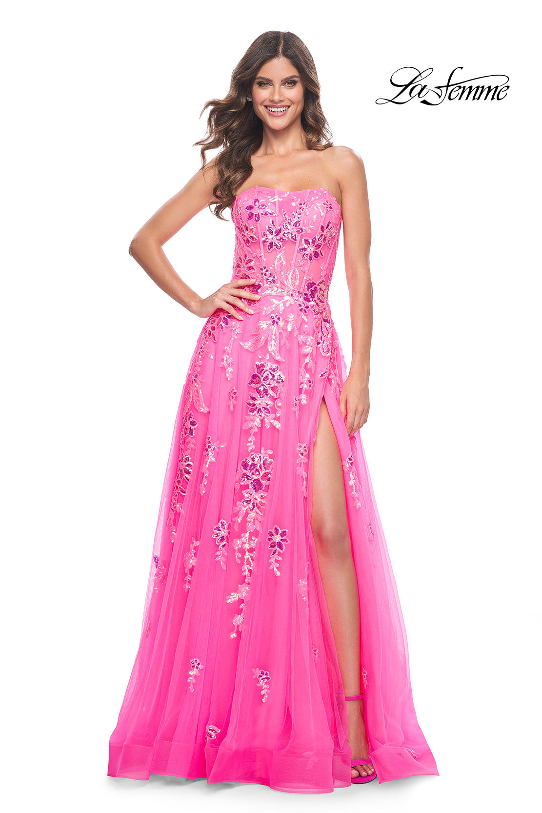 Picture of: Strapless Tulle A-Line Dress with Sequin Floral Applique in Neon Pink, Style: 32137, Detail Picture 11