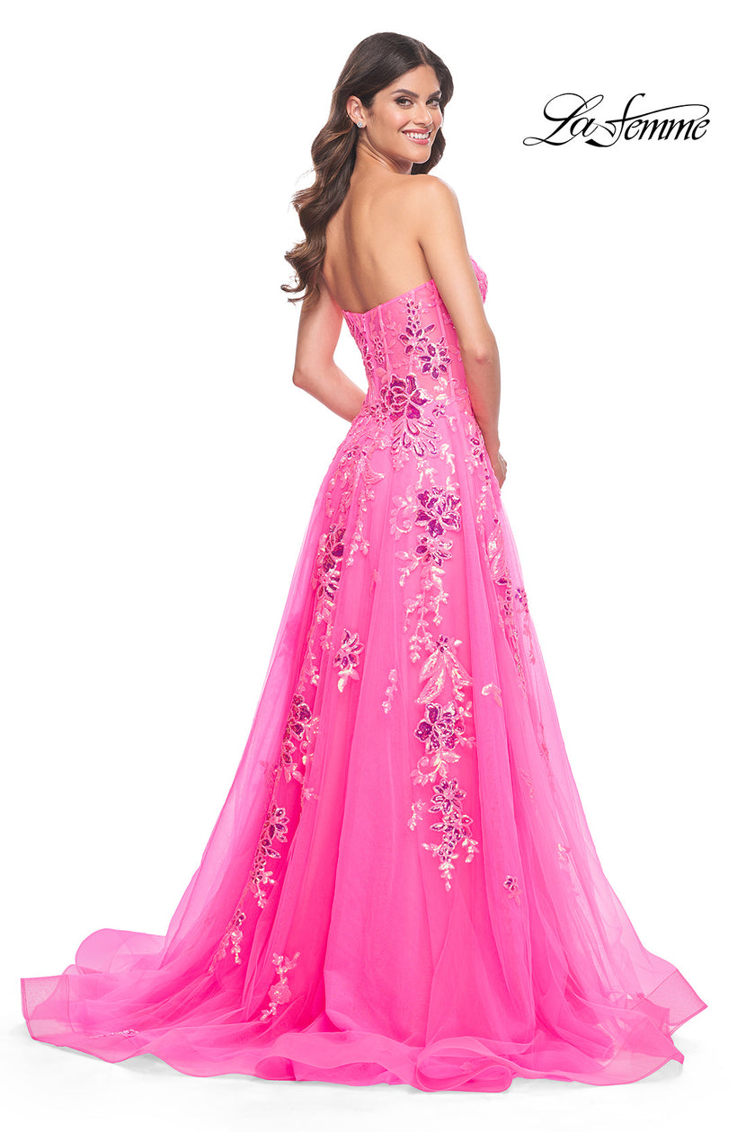 Picture of: Strapless Tulle A-Line Dress with Sequin Floral Applique in Neon Pink, Style: 32137, Detail Picture 12