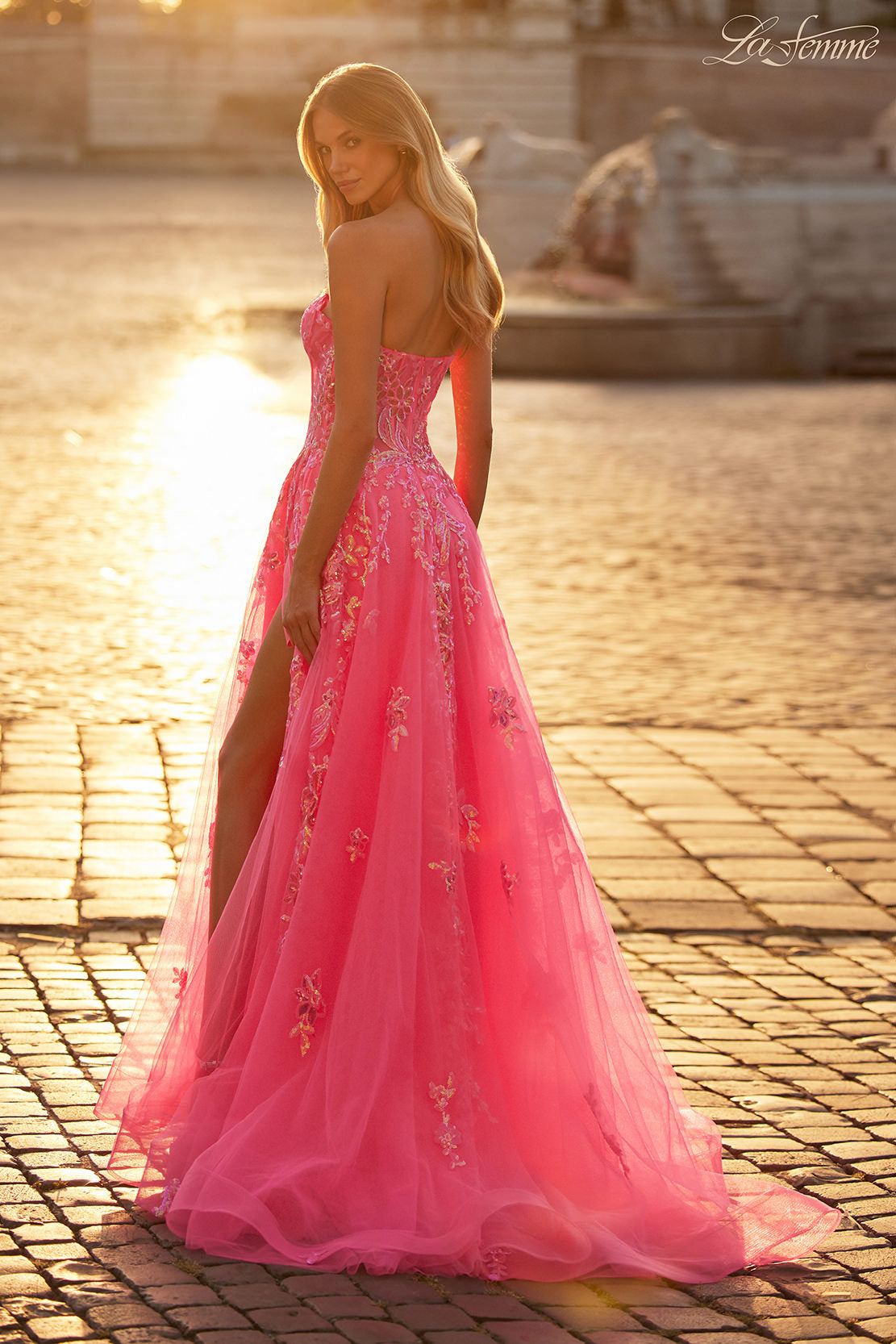 Picture of: Strapless Tulle A-Line Dress with Sequin Floral Applique in Neon Pink, Style: 32137, Back Picture