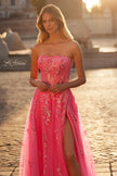 Picture of: Strapless Tulle A-Line Dress with Sequin Floral Applique in Neon Pink, Style: 32137, Detail Picture 2