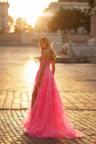 Picture of: Strapless Tulle A-Line Dress with Sequin Floral Applique in Neon Pink, Style: 32137, Detail Picture 4