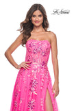 Picture of: Strapless Tulle A-Line Dress with Sequin Floral Applique in Neon Pink, Style: 32137, Detail Picture 5