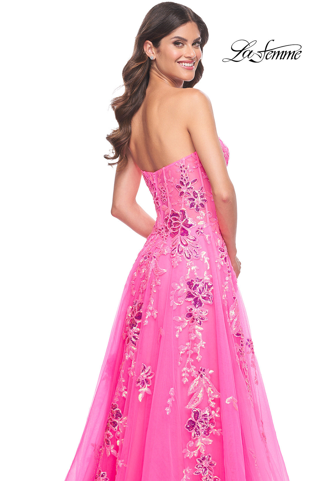 Picture of: Strapless Tulle A-Line Dress with Sequin Floral Applique in Neon Pink, Style: 32137, Detail Picture 6