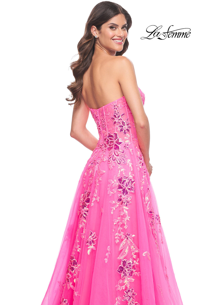 Picture of: Strapless Tulle A-Line Dress with Sequin Floral Applique in Neon Pink, Style: 32137, Detail Picture 6