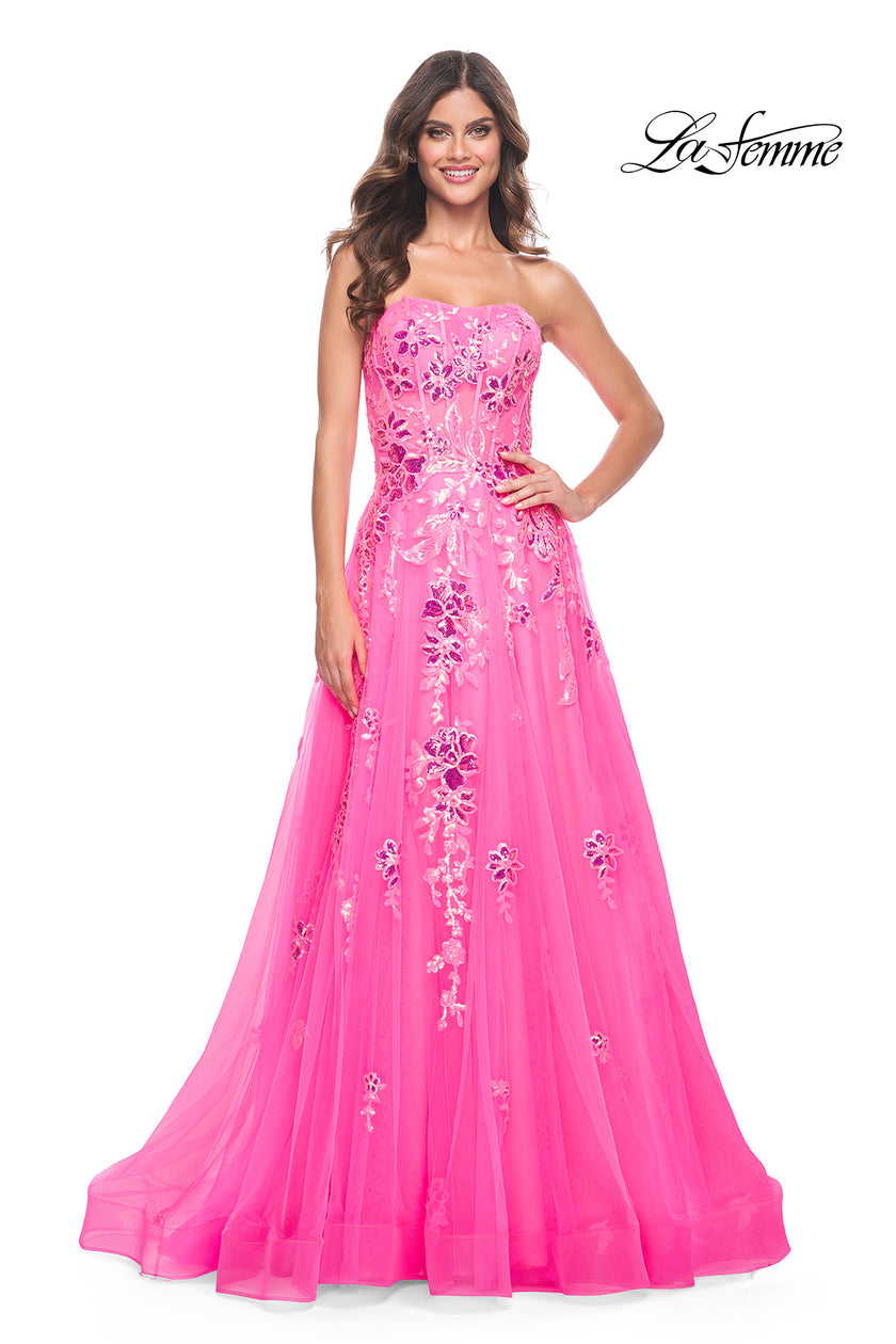 Picture of: Strapless Tulle A-Line Dress with Sequin Floral Applique in Neon Pink, Style: 32137, Detail Picture 7