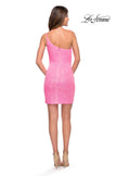 Picture of: Fitted One Shoulder Mini Dress with Slit in Bright Colors in Neon Pink, Style 30934, Detail Picture 9