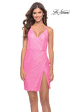 Picture of: Wrap Style Ruched Short Dress with High Slit in Bright Colors in Neon Pink, Style: 30984, Detail Picture 1