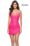 Picture of: Beaded Lace Homecoming Dress with Bustier Top in Neon Pink, Style: 31736, Detail Picture 1