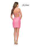 Picture of: Criss Cross Ruched Front with Side Cut Outs Mini in Neon Pink, Style 30987, Detail Picture 4