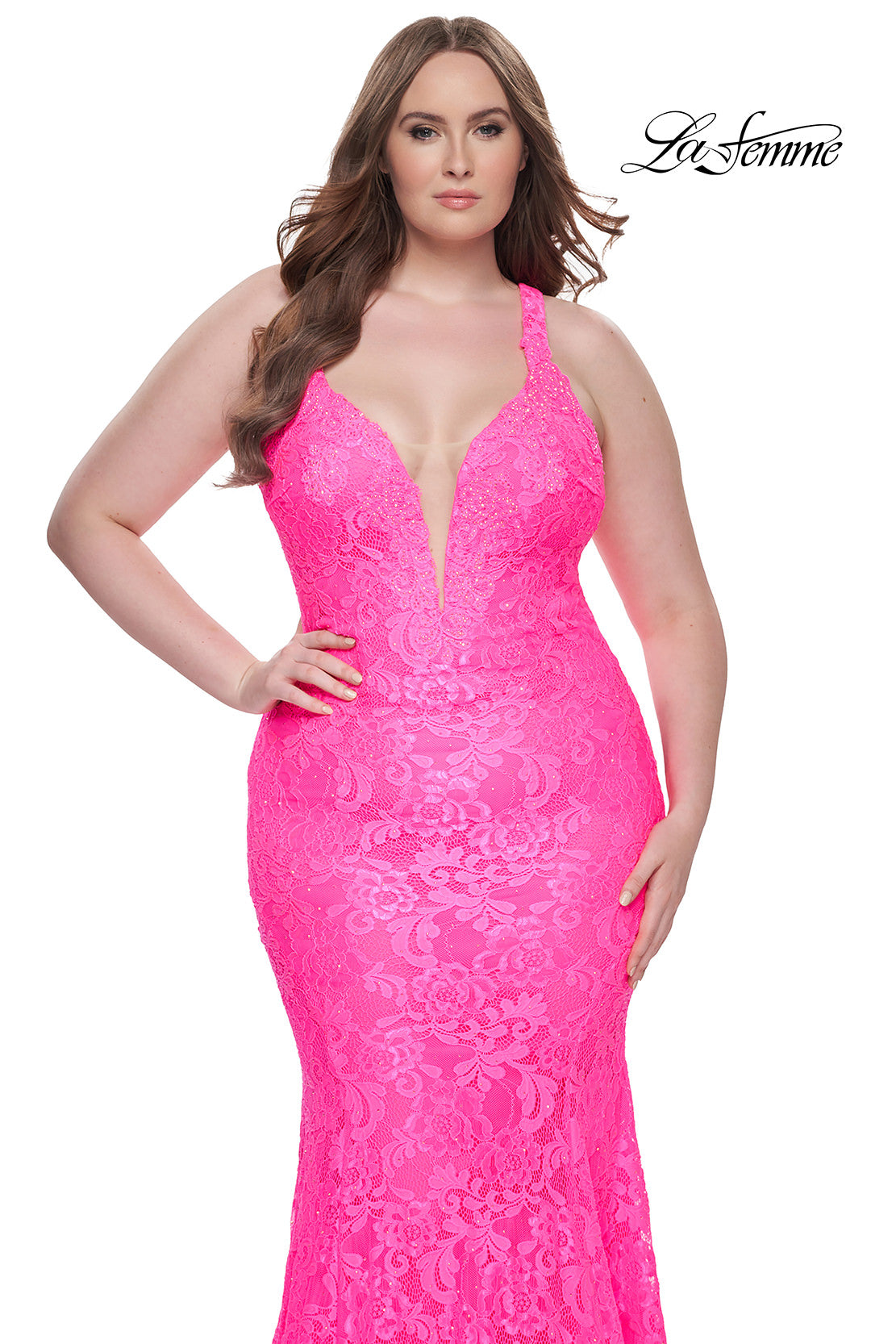 Picture of: Mermaid Lace Plus Size Prom Dress with Deep V in Neon Pink, Style: 31118, Detail Picture 4