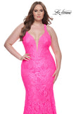 Picture of: Mermaid Lace Plus Size Prom Dress with Deep V in Neon Pink, Style: 31118, Detail Picture 4
