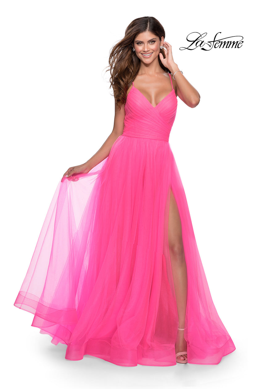 Picture of: Long Tulle A-line Prom Gown with Side Slit and Pockets in Neon Pink, Style: 28561, Main Picture