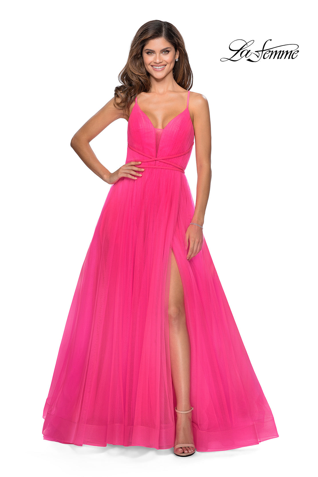Picture of: Long Tulle Prom Dress with Criss Cross Bodice Detail in Neon Pink, Style: 28893, Main Picture