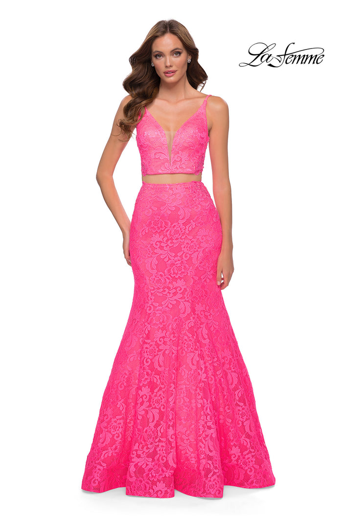 Picture of: Two Piece Gown with Mermaid Skirt and Sheer Sides in Neon Pink, Style 29967, Main Picture