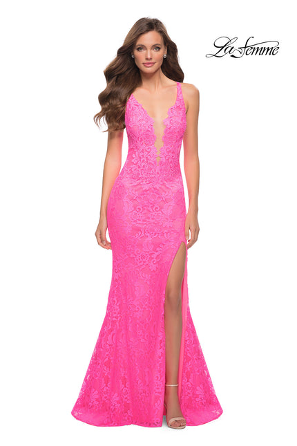Picture of: Stretch Lace Gown with Slit and Open Keyhole Back in Neon Pink, Style 29978, Main Picture