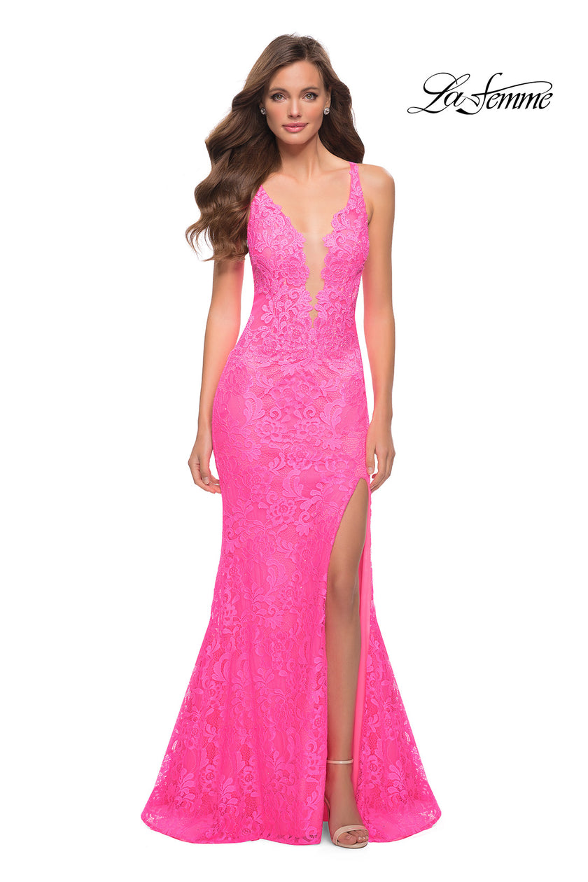 Picture of: Stretch Lace Gown with Slit and Open Keyhole Back in Neon Pink, Style 29978, Main Picture