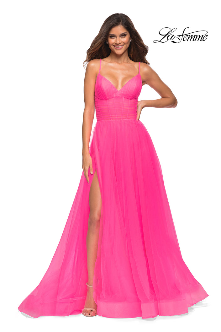 Picture of: Neon Pink Tulle A-line Prom Dress with Corset Sheer Bodice in Neon Pink, Main Picture
