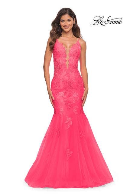 Picture of: Tulle and Lace Mermaid Gown in Neon Pink in Neon Pink, Main Picture